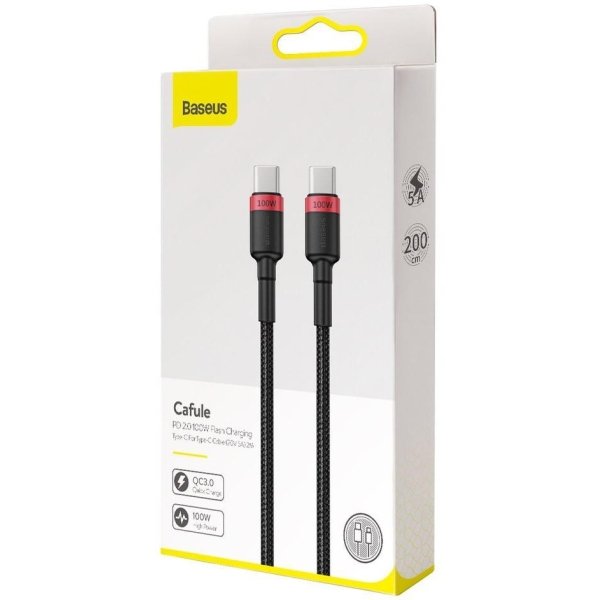 KABEL USB-C -  USB-C Baseus Cafule CATKLF-AL91 200cm 100W 5A PD 2.0 QC 3.0 CZARNY W OPLOCIE