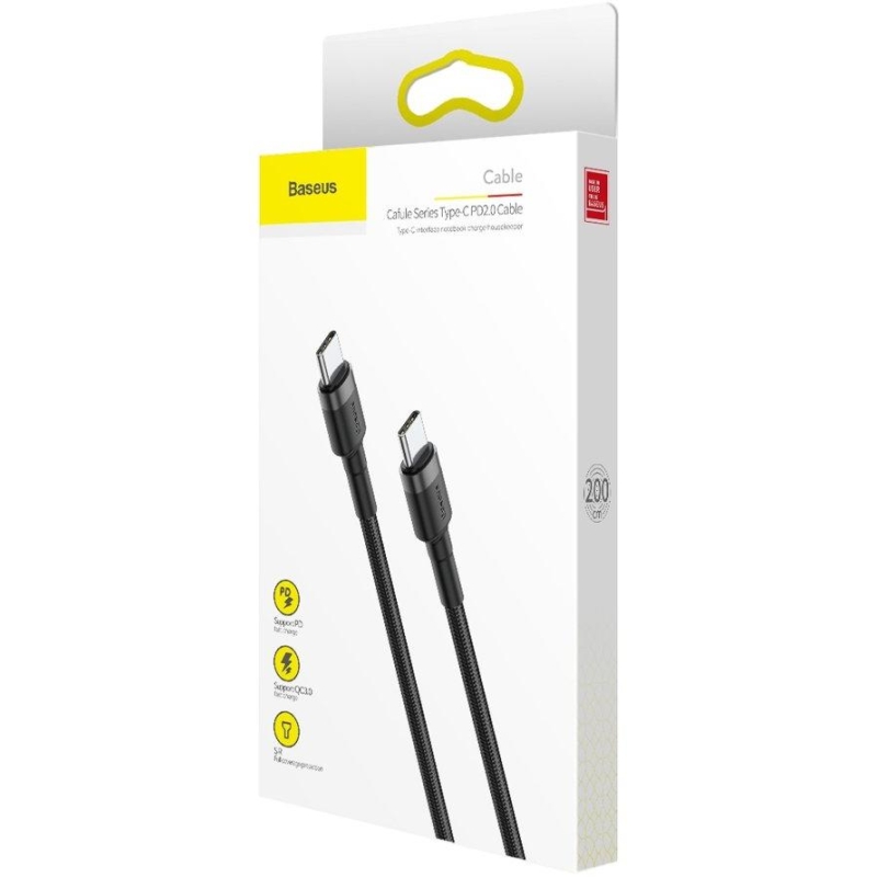 KABEL USB-C -  USB-C Baseus Cafule CATKLF-HG1 200cm 60W 3A PD 2.0 QC 3.0 CZARNO-SZARY W OPLOCIE