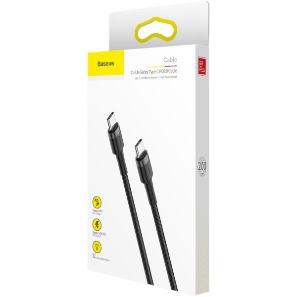 KABEL USB-C -  USB-C Baseus Cafule CATKLF-HG1 200cm 60W 3A PD 2.0 QC 3.0 CZARNO-SZARY W OPLOCIE