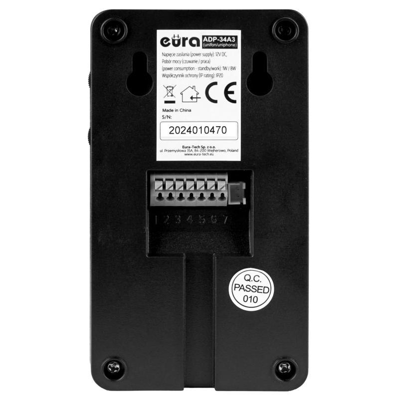 DOMOFON "EURA" ADP-34A3 - czarny, jednorodzinny, głośnomówiący, obsługa 2 wejść, szyfrator, czytnik zbliżeniowy
