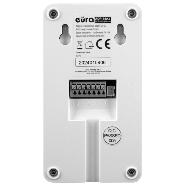 DOMOFON "EURA" ADP-34A3 - biały, jednorodzinny, głośnomówiący, obsługa 2 wejść, szyfrator, czytnik zbliżeniowy