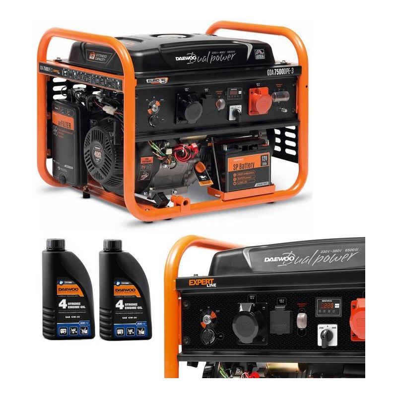 ZESTAW AGREGAT PRĄDOTWÓRCZY DAEWOO GDA 7500DPE-3 6.0kW + 2x ENERATOR OIL SAE 10W-30 DWO 600