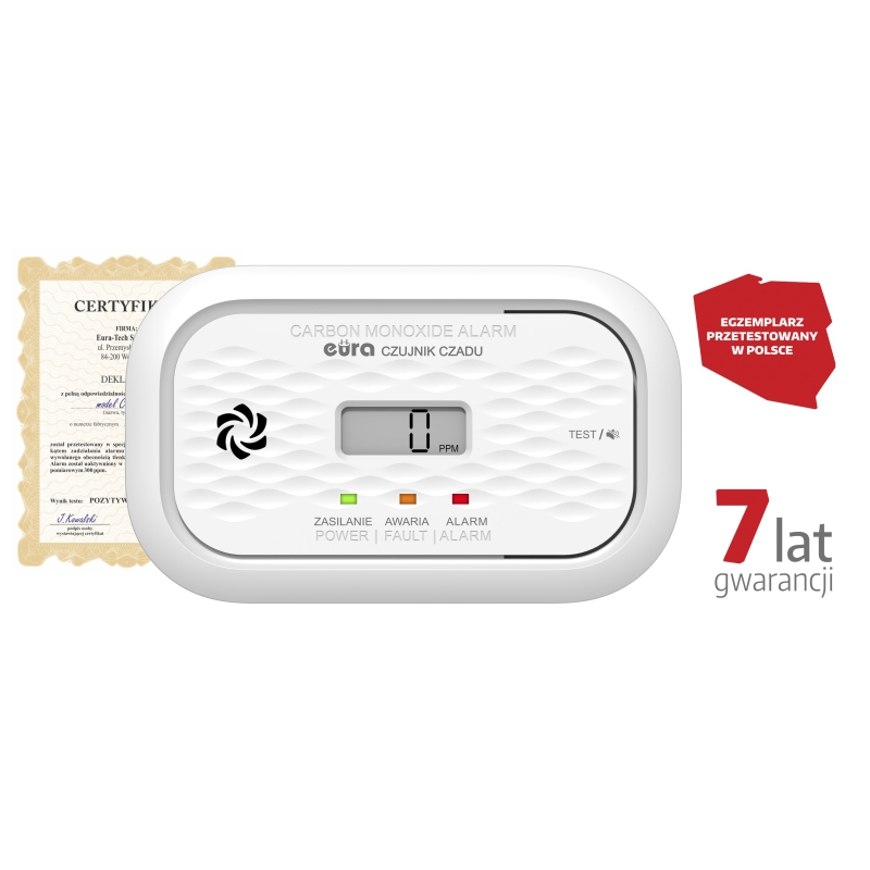 CZUJNIK CZADU "EURA" CD-72A2v7300/B - certyfikat CNBOP-PiB - wyrób budowlany, DC 3V (2x LR6), LCD, 7 lat gwarancji, test 300 ppm