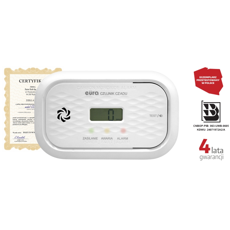 CZUJNIK CZADU "EURA" CD-72A2v4300/B - certyfikat CNBOP-PiB - wyrób budowlany, DC 3V (2x LR6), LCD, 4 lata gwarancji, test 300 pp