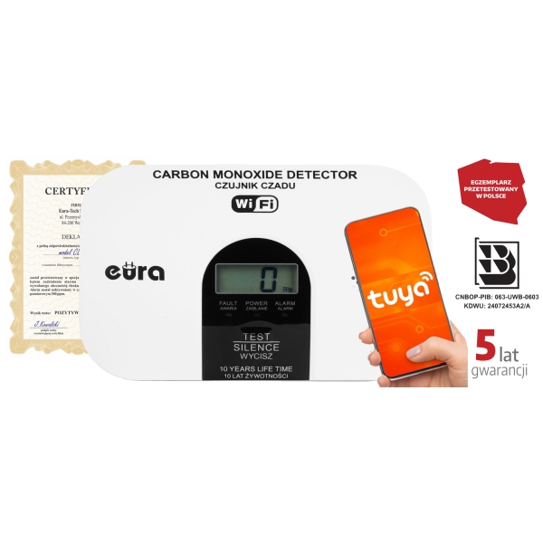 CZUJNIK CZADU WiFi "EURA" CD-53A2v5300-TY/B - certyfikat CNBOP-PiB - wyrób budowlany, DC 3V (2x LR6), LCD, 5 lat gwarancji, test
