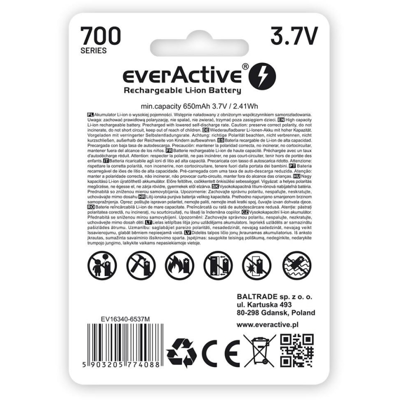 Akumulatorek 16340 / R-Cr123 3,7V Everactive 700Mah (1 Szt.) Z Zabezpieczeniem