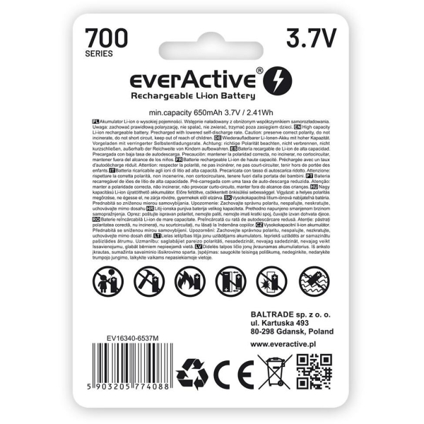Akumulatorek 16340 / R-Cr123 3,7V Everactive 700Mah (1 Szt.) Z Zabezpieczeniem