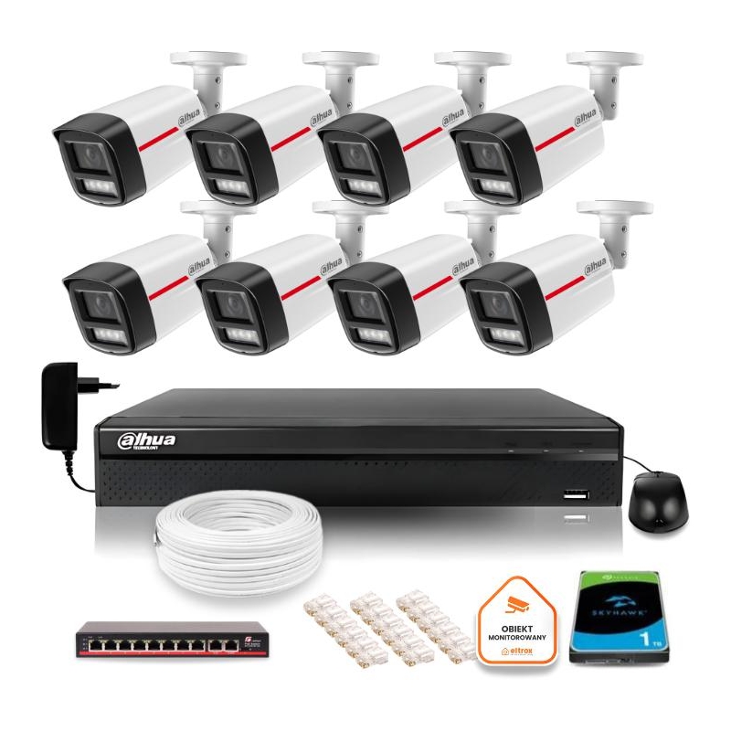 Zestaw Monitoringu Ip Dahua 8 Kamer Zewnętrznych Led 50M Wizcolor 2K
