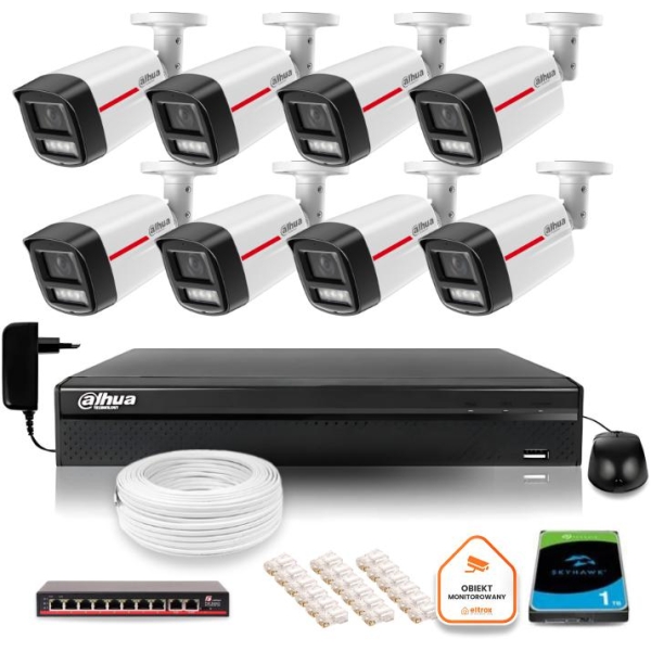 Zestaw Monitoringu Ip Dahua 8 Kamer Zewnętrznych Led 50M Wizcolor 2K