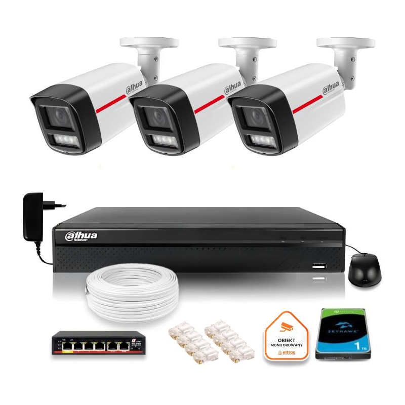 Zestaw Monitoringu Ip Dahua 3 Kamery Zewnętrzne Wizcolor 2K 4Mpx 50M