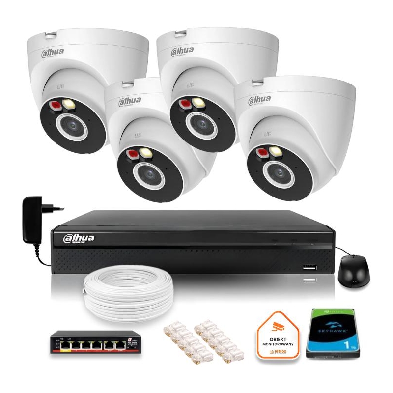 Zestaw Monitoringu Ip Dahua 2Mpx 4 Kamery Zewnętrzne Oświetlenie Ir Led 30M