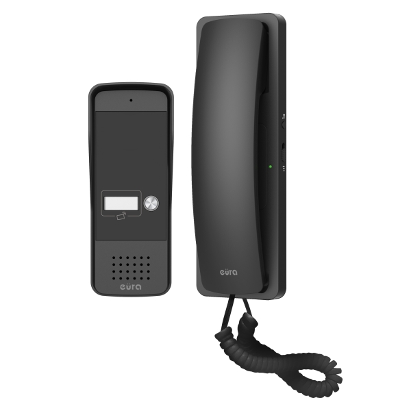 DOMOFON "EURA" ADP-25A3 - czarny, jednorodzinny, słuchawkowy, obsługa 2 wejść, czytnik zbliżeniowy, wizytownik