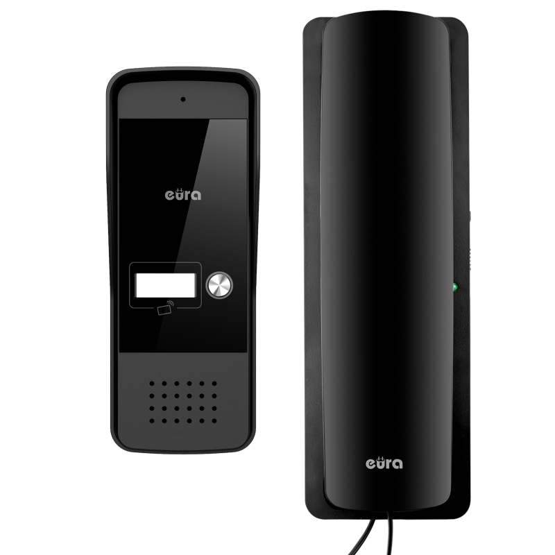 DOMOFON "EURA" ADP-25A3 - czarny, jednorodzinny, słuchawkowy, obsługa 2 wejść, czytnik zbliżeniowy, wizytownik