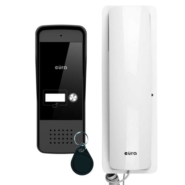 DOMOFON "EURA" ADP-25A3 - biały, jednorodzinny, słuchawkowy, obsługa 2 wejść, czytnik zbliżeniowy, wizytownik