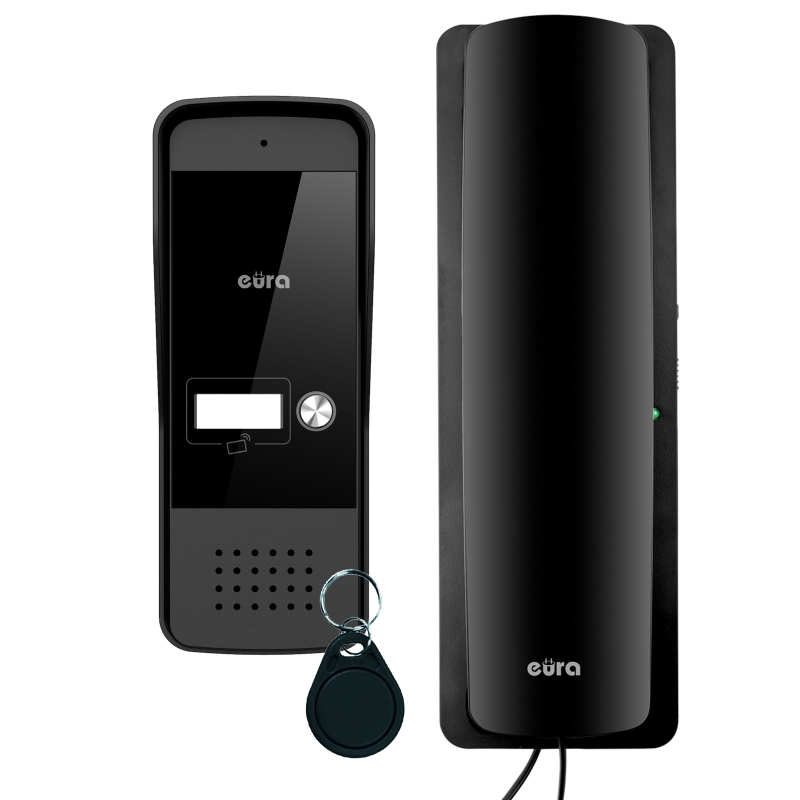 DOMOFON "EURA" ADP-25A3 - czarny, jednorodzinny, słuchawkowy, obsługa 2 wejść, czytnik zbliżeniowy, wizytownik