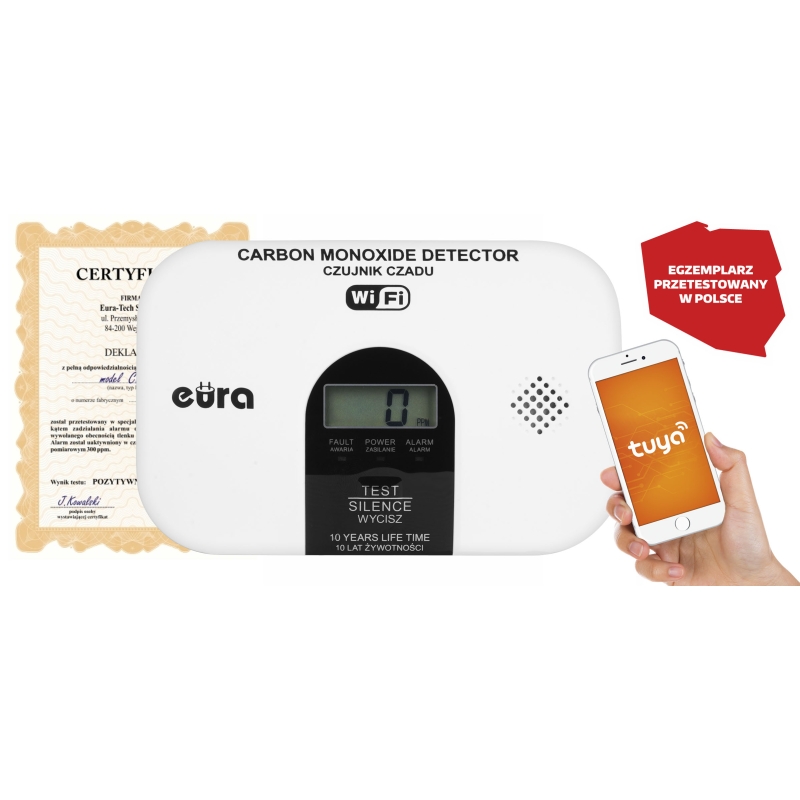 CZUJNIK CZADU WiFi "EURA" CD-53A2v2300-TY/B - certyfikat CNBOP-PiB - wyrób budowlany, DC 3V (2x LR6), LCD, 2 lata gwarancji, tes
