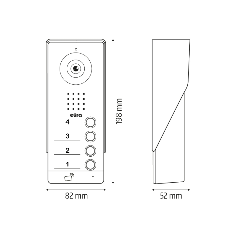 KASETA ZEWNĘTRZNA WIDEODOMOFONU "EURA" VDA-94A3 AHD "EURA CONNECT+" - srebrna, czterorodzinna, czytnik zbliżeniowy, natynk, Full