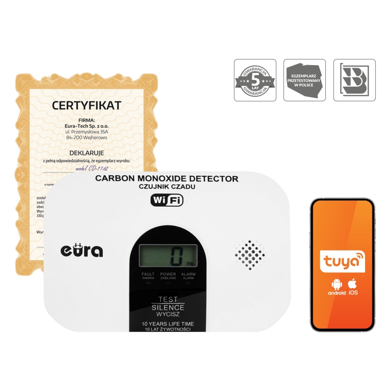 CZUJNIK CZADU WiFi "EURA" CD-53A2v5300-TY/B - certyfikat CNBOP-PiB - wyrób budowlany, DC 3V (2x LR6), LCD, 5 lat gwarancji, test
