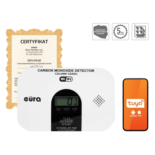CZUJNIK CZADU WiFi "EURA" CD-53A2v5300-TY/B - certyfikat CNBOP-PiB - wyrób budowlany, DC 3V (2x LR6), LCD, 5 lat gwarancji, test