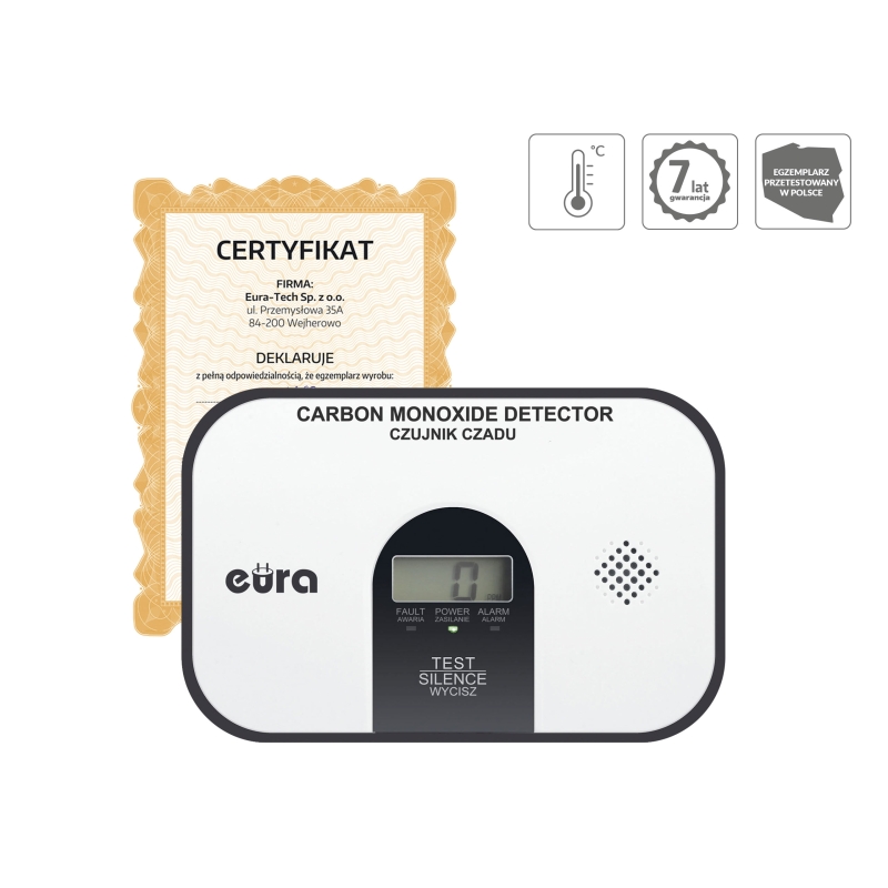 Czujnik czadu "Eura" CD-45A2  v.2- 7 lat gwarancji, DC 3V, wyświetlacz LCD, wolnostojący