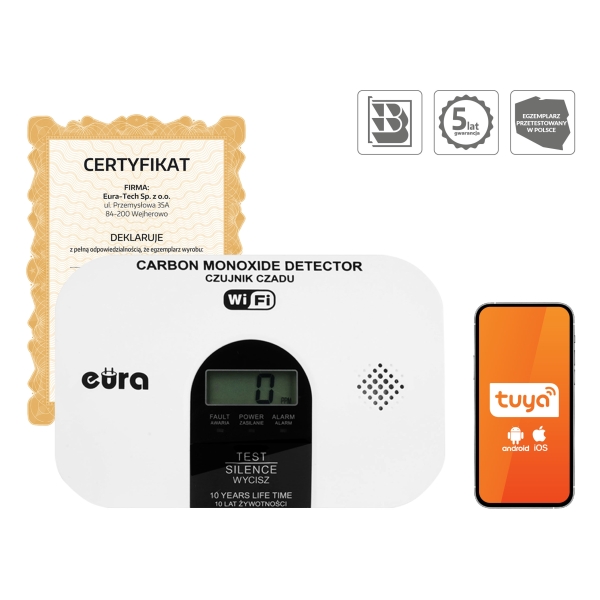 CZUJNIK CZADU WiFi "EURA" CD-53A2v5300-TY/B - certyfikat CNBOP-PiB - wyrób budowlany, DC 3V (2x LR6), LCD, 5 lat gwarancji, test
