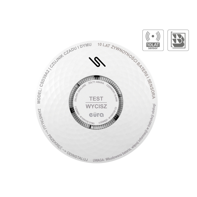 CZUJNIK CZADU I DYMU "EURA" CSD-39A2 - bateryjny, 10 lat żywotności sensorów i baterii