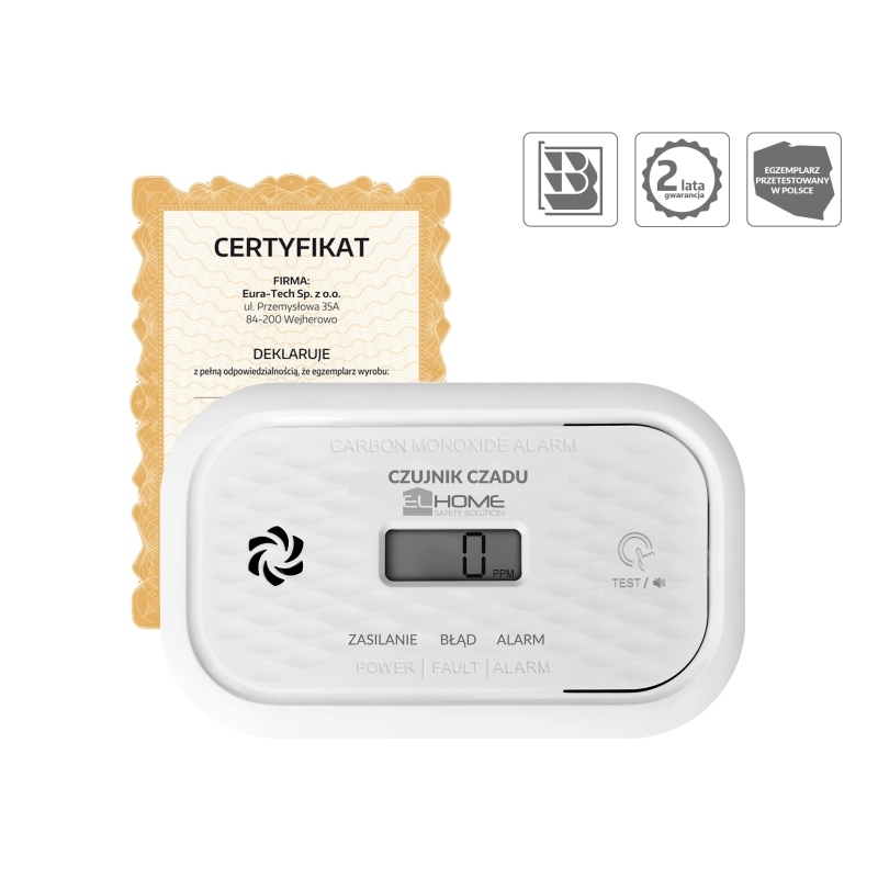 CZUJNIK CZADU "EL HOME" CD-18A2v2300/B - certyfikat CNBOP-PiB - wyrób budowlany, DC 3V (2x LR6), LCD, 2 lata gwarancji, test 300