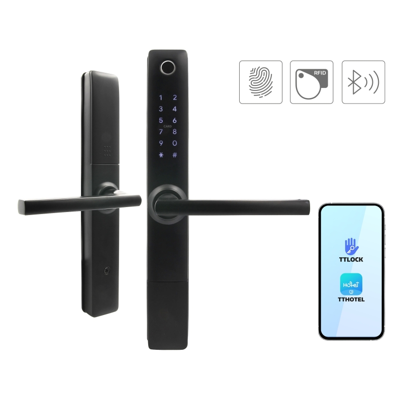 KLAMKA Z KONTROLEREM DOSTĘPU "EURA" ELH-20H4 - czarna, wąska szyfrator, czytnik Mifare 13,56 MHz, czytnik biometryczny, IP65, Ap