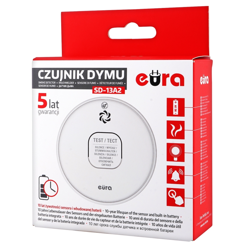 CZUJNIK DYMU "EURA" SD-13A2 - czujnik fotooptyczny, żywotność sensora i baterii 10 lat