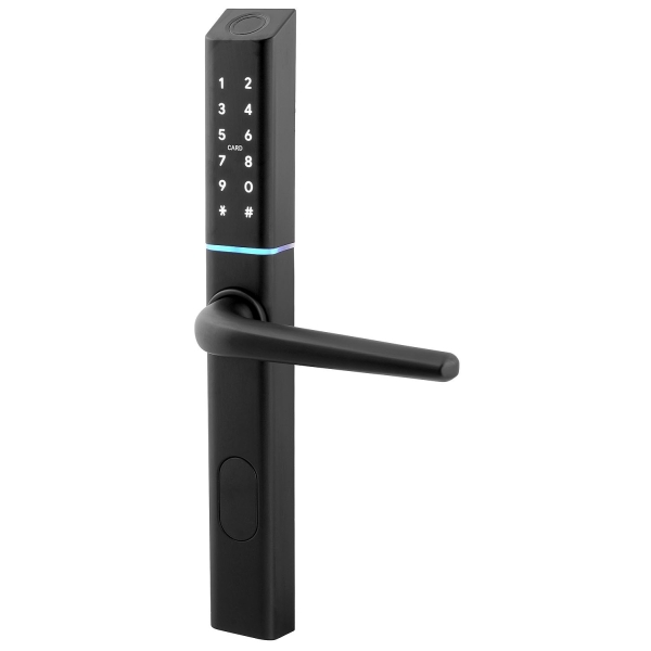 KLAMKA Z KONTROLEREM DOSTĘPU "EURA" ELH-25H4 black wąska, szyfrator, czytnik Mifare 13,56 MHz, czytnik biometryczny, 72-92 mm, I