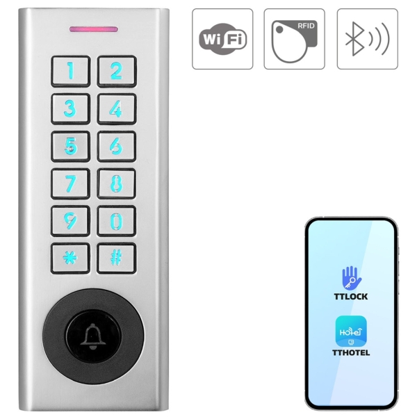 ZAMEK SZYFROWY "EURA" AC-93H5 DC-12-24V, natynkowy, szyfrator mechaniczny, czytnik Mifare 13,56 MHz, dzwonek, IP66, App TTLock