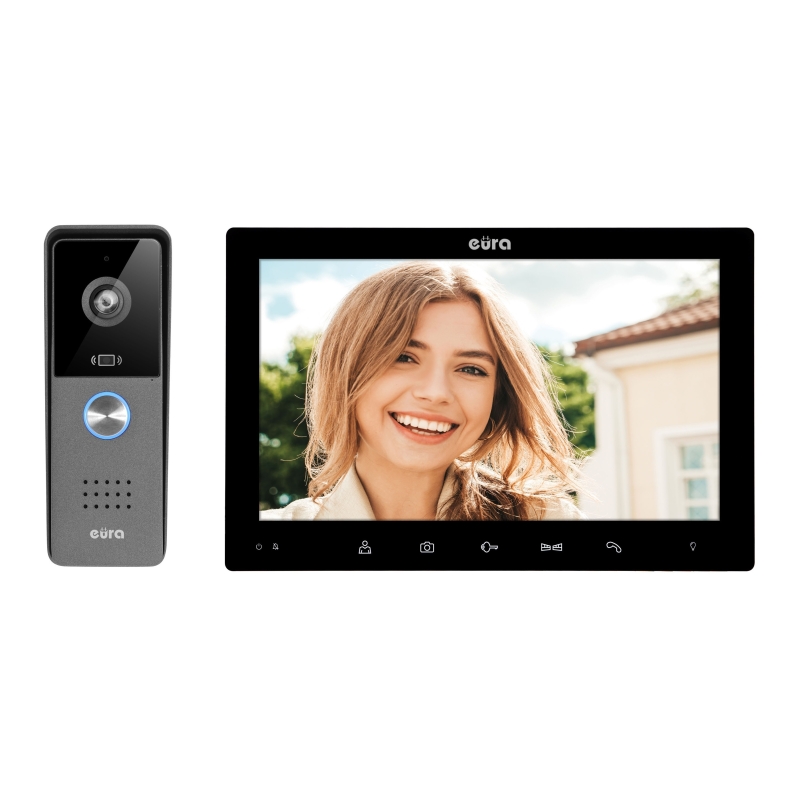 WIDEODOMOFON "EURA" VDP-85A3 - czarny LCD 10'', WiFi, podświetlenie monitora,  otwieranie 2 wejść, czytnik zbliżeniowy, AHD, Tuy